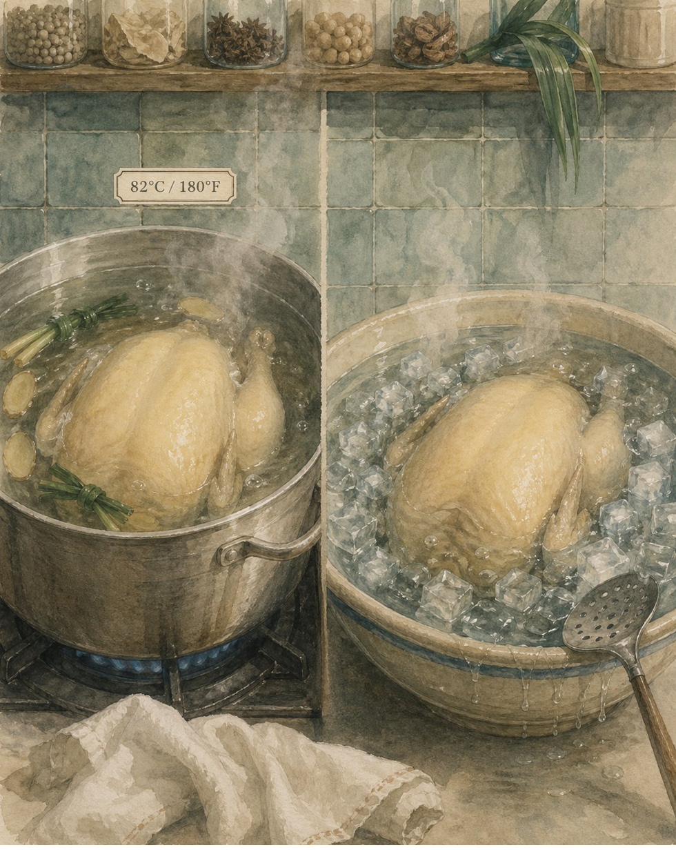Critical moment: two-zone instructional plate. Left: stockpot at sub-boiling, whole chicken submerged breast-side up, label '82°C / 180°F'. Right: ceramic basin of crystal-clear ice water with the chicken plunged fully submerged, steam meeting cold.