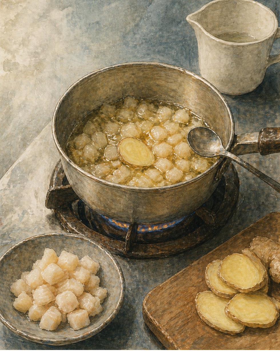 Step illustration: small saucepan on a low gas flame, cubes of pale-yellow chicken fat slowly rendering into translucent gold liquid, a single ginger slice floating among them.