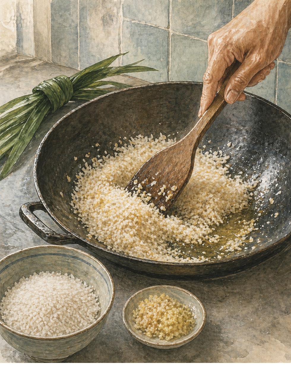 Step illustration: a Hainanese cook's hand mid-stir through a wok of jasmine rice grains in golden chicken fat with fried garlic and ginger flecks. Pandan leaves on the counter behind.