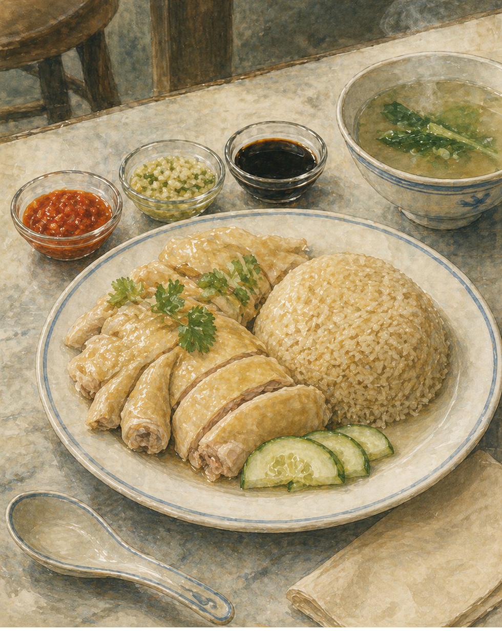 Hero plate: white round ceramic plate with pale-blue rim. Mound of glossy golden rice on right, six pieces of bone-in cleaver-cut poached chicken on left with pale amber-yellow skin. Cucumber half-moons, coriander sprigs. Three glass dipping bowls beside (red chilli, ginger-scallion, dark soy). Soup bowl with chye sim.
