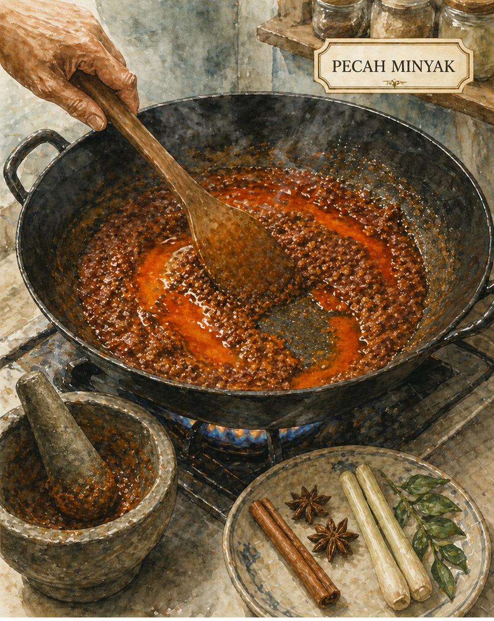 Critical moment: deep cast-iron pot with rempah paste mid-fry at the pecah minyak moment. Deep red-brown paste with glossy orange-red oil pools shimmering on top. Wooden spatula leaving a trail. Whole spices waiting nearby (cinnamon, star anise, lemongrass, curry leaves).