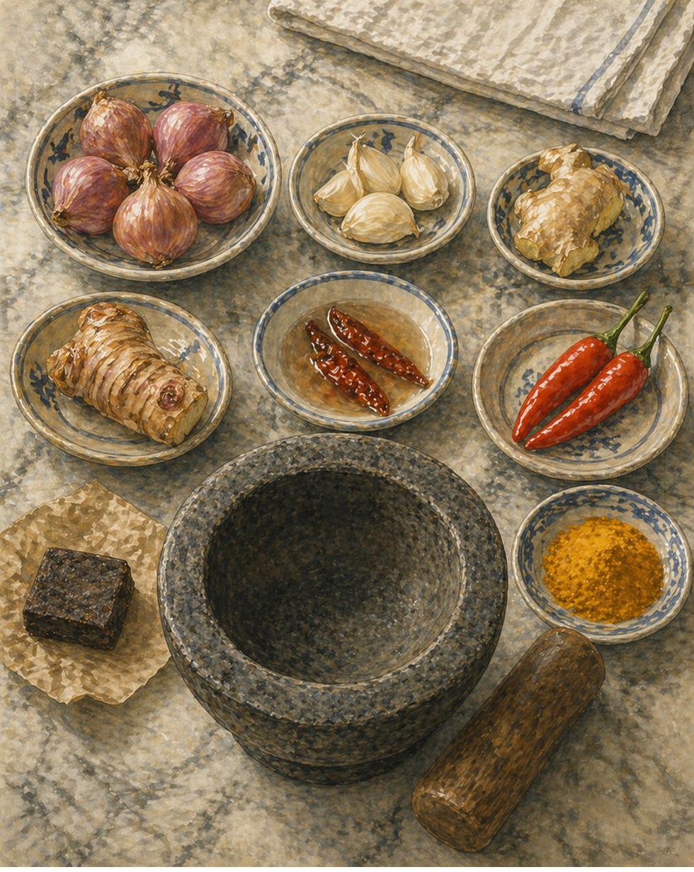 Step illustration: overhead flat-lay of rempah components on a marble counter — shallots, garlic, ginger, galangal, dried and fresh chillies, belacan, turmeric. A heritage stone mortar (lesung batu) with wooden pestle in the centre.