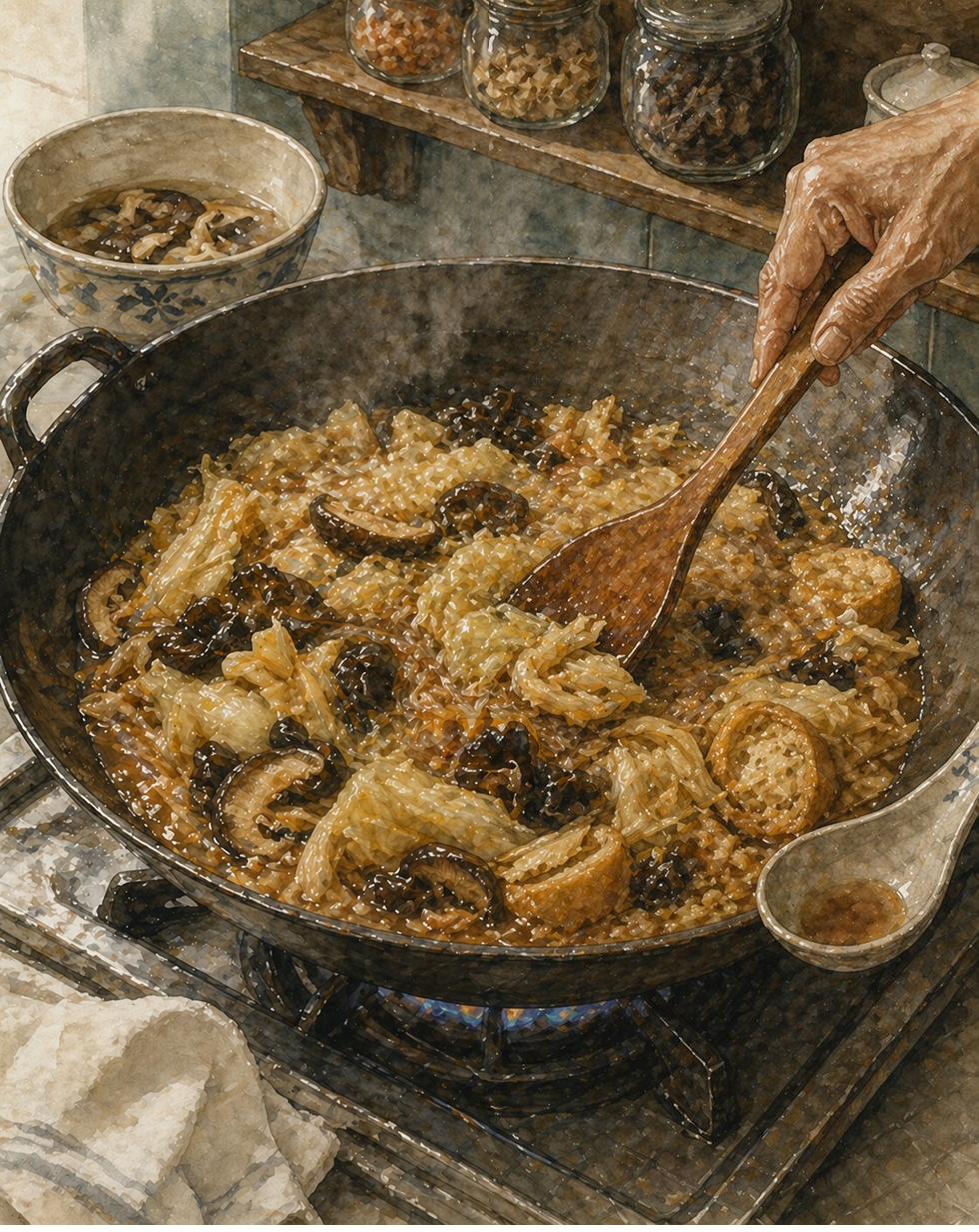 Step illustration: heavy wok on low gas flame, chap chye mid-simmer — limp amber-tinted cabbage, sliced dried mushrooms, pale-yellow lily buds, dark-brown wood ear strips, golden tau pok, glistening glass noodles. Glossy amber-brown braising liquid.