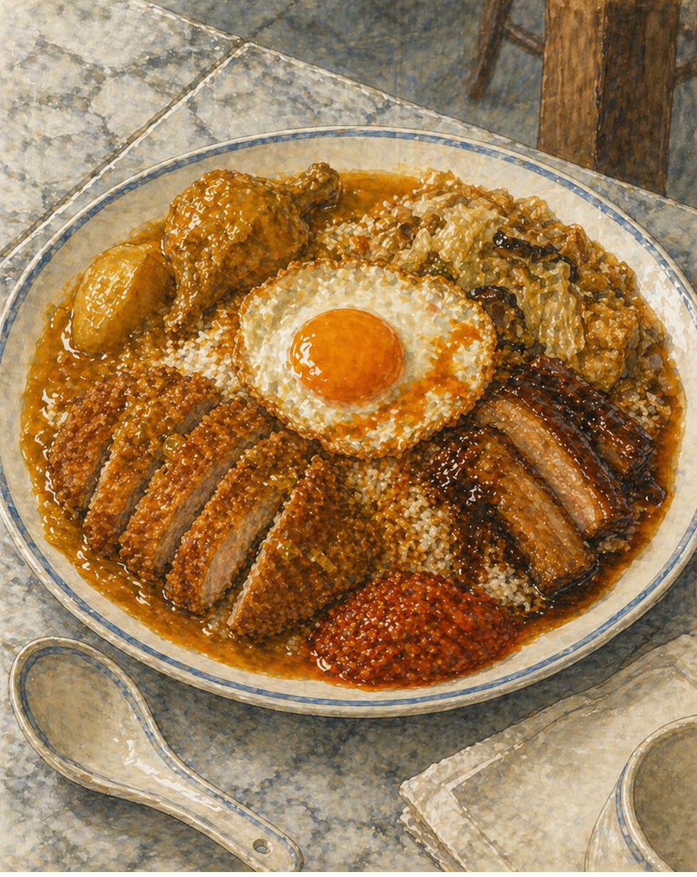 Hero plate: white round ceramic plate. Generous rice mound submerged under three sauces — orange-yellow curry, dark amber-brown braised pork sauce, slightly-orange chap chye liquid, all overlapping. Sliced cracker-crusted pork chop. Bone-in curry chicken with potato. Mound of chap chye. Slice of mahogany braised pork belly. Sunny-side egg with intact yolk. Sambal scoop. Porcelain spoon.
