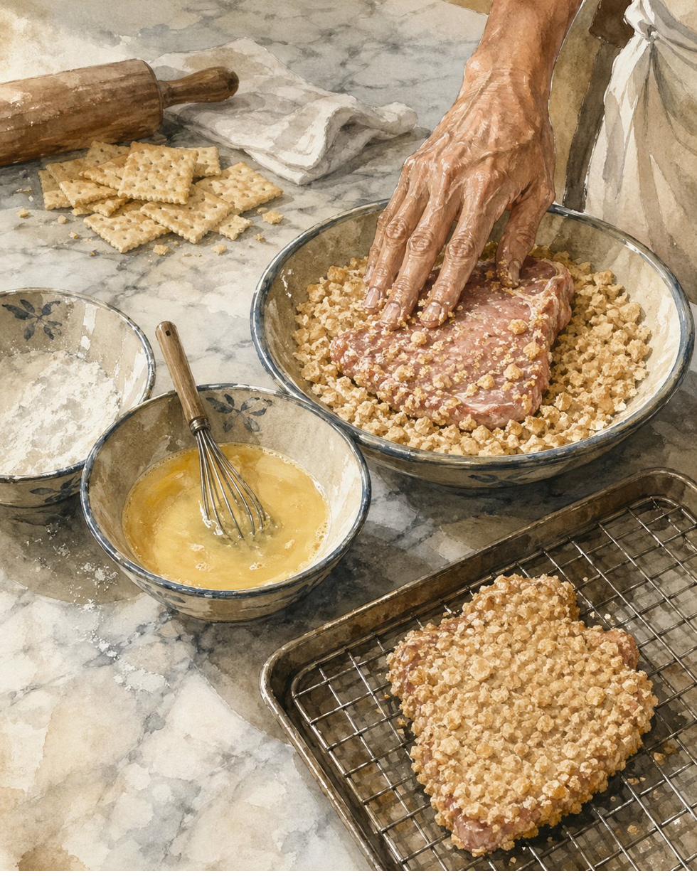 Critical moment: hands pressing a butterflied pork chop firmly into a wide bowl of pale-golden coarse cracker crumbs. Three shallow bowls arranged: cornflour, beaten-egg, cracker-crumb. One coated chop already on a wire rack.