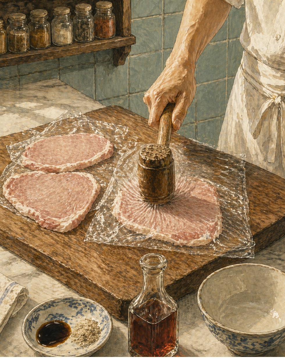 Step illustration: Hainanese cook pounding a butterflied pork loin between cling film with a meat mallet, two already-pounded pieces resting beside, marinade ingredients waiting.