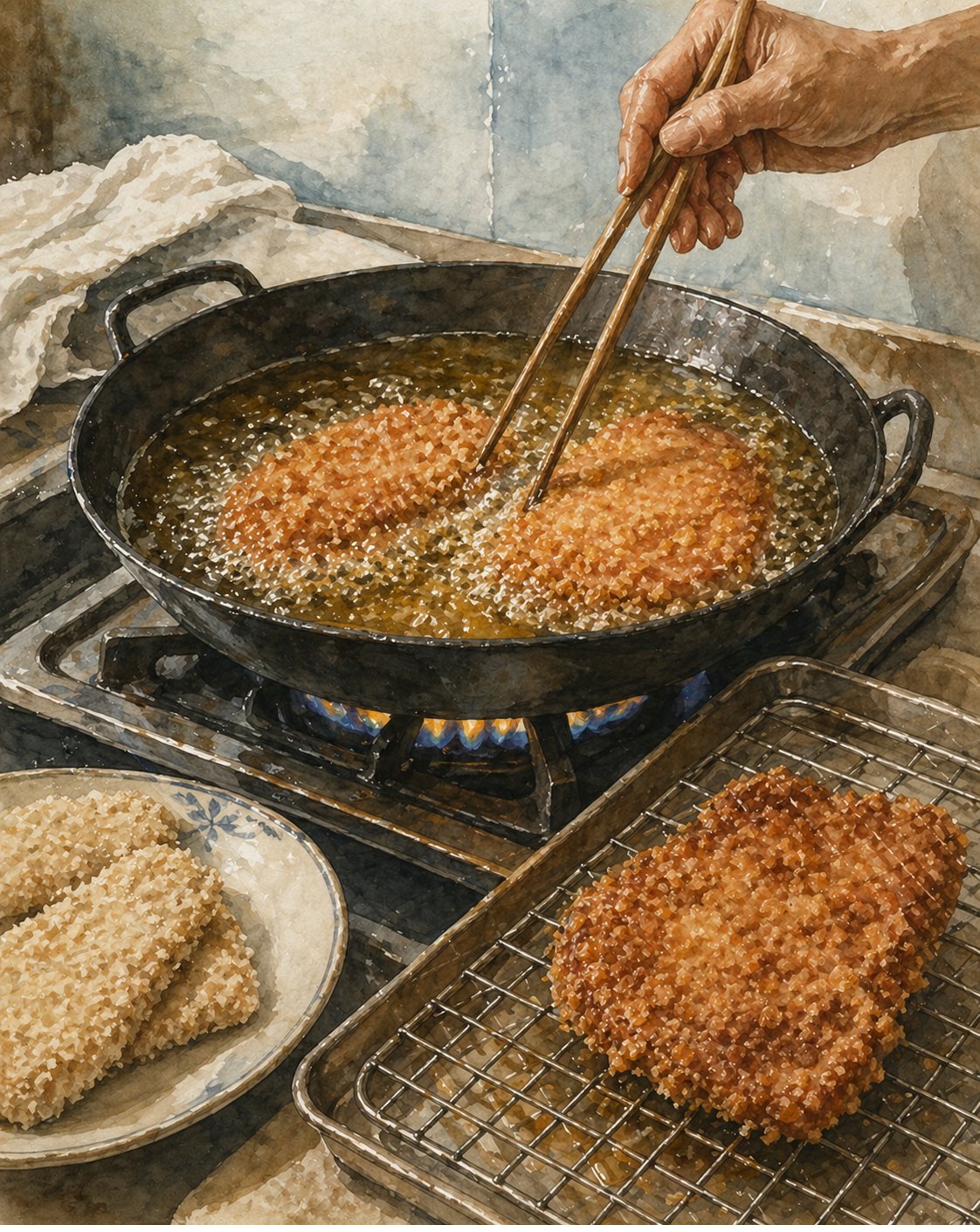 Step illustration: cast-iron pan on a vintage gas stove, two breaded pork chops mid-fry in golden-clear hot oil, cracker-crumb coating turning deep golden-brown. One fried chop already resting on a wire rack.