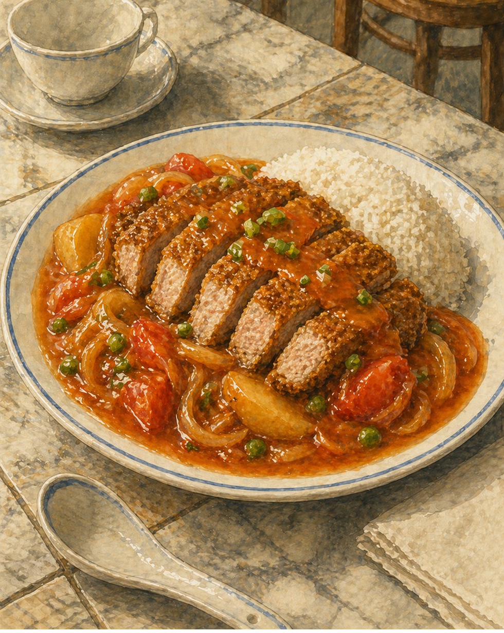 Hero plate: white round ceramic plate with pale-blue rim. Sliced pork chop in a row, deep-golden-brown crust outside, pale-pink juicy meat inside. Glossy red-orange tomato gravy with onion rings, peas, golden potato wedges, tomato. Plain steamed white rice on the right. Spring onion garnish.