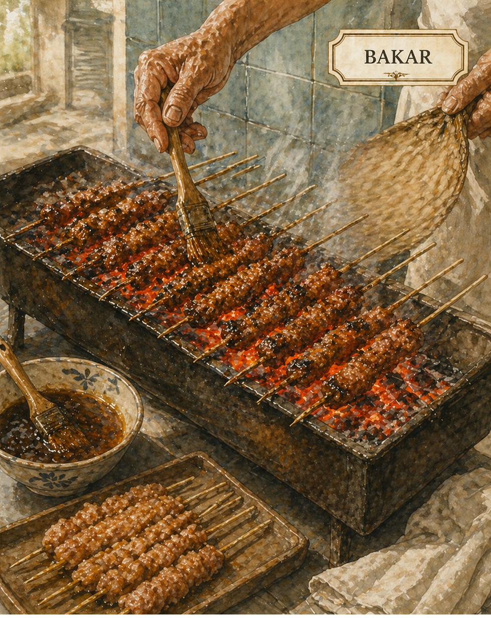 Critical moment: long-trough charcoal brazier mid-grill, glowing red-orange embers, no open flame. 8-10 satay skewers laid across the brazier. Pork cubes mid-grill, deep-mahogany-glossy with controlled char marks. Drips of fat hissing into thin steam. Hand basting with marinade brush.