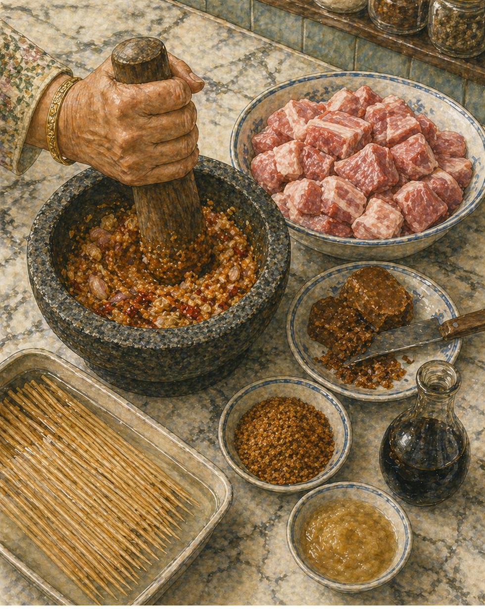 Step illustration: marble counter with rempah and marinade prep mid-progress. Hand pounding a wooden pestle inside a lesung batu mortar with partially-broken-down red-brown rempah paste. Beside: ceramic bowl of pale-pink raw pork cubes, gula melaka with knife, tamarind pulp, dark soy, spice mix. Bamboo skewers stacked in a tray of water.