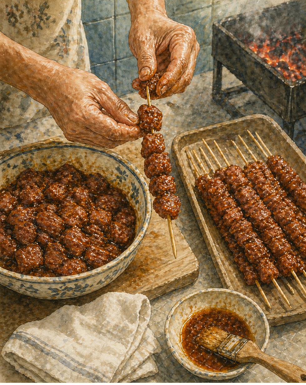 Step illustration: hands threading a satay skewer with marinated pork cubes, deep-mahogany-red glossy from marinade, slightly varied angles. Bowl of marinated cubes ready, row of completed satay skewers on a wooden tray.