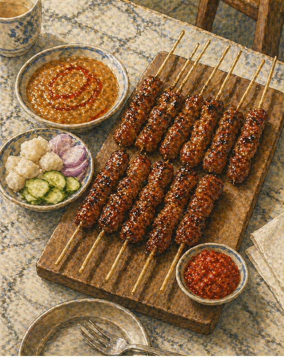 Hero plate: heritage rectangular wooden serving board with 8-10 satay skewers in two rows, deep-mahogany-glossy-caramelised. Beside: chunky peanut sauce with chilli oil drizzle, garnish trio (red onion, cucumber, ketupat), sambal at corner. Marble kopitiam table.