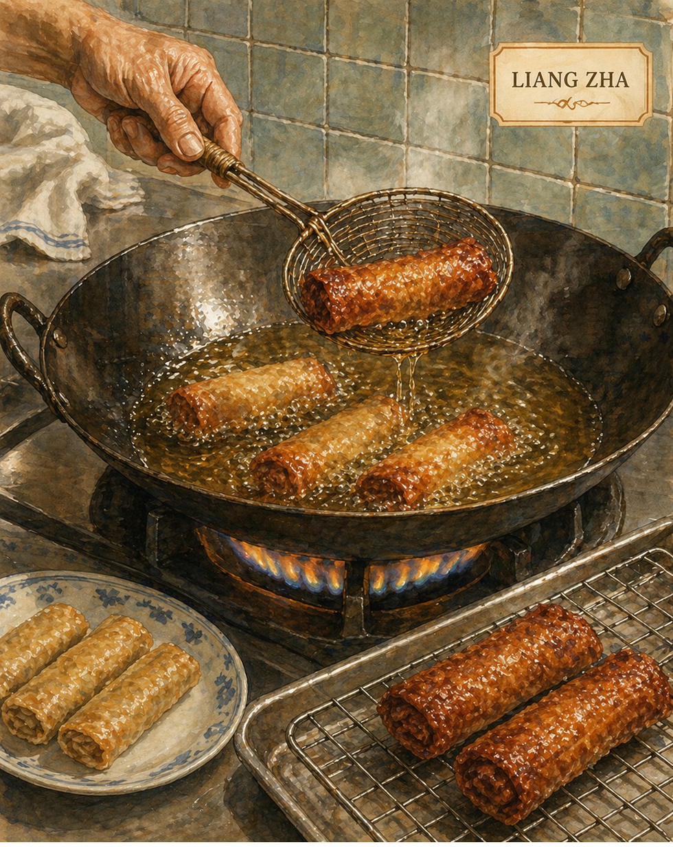 Critical moment: heavy wok with hot oil, three heh cho rolls mid-second-fry — surfaces turning from pale-golden to deep-amber-mahogany, skin blistering glassy-crisp. Hand holding wire spider strainer. Two finished double-fried heh cho on a wire rack.