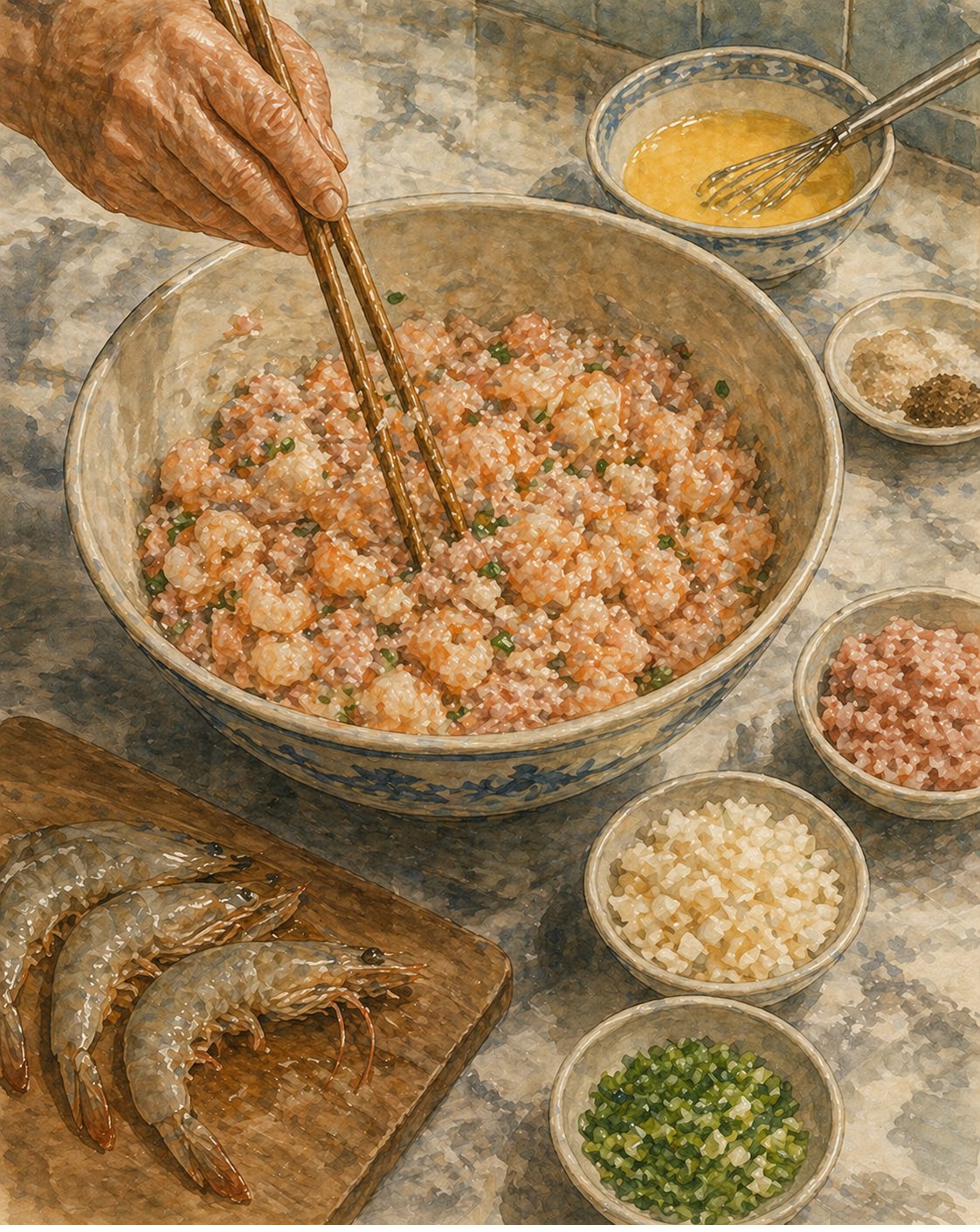 Step illustration: ceramic mixing bowl on marble counter, heh cho filling at tacky-binding state. Hand holding chopsticks vertical mid-stir in heritage one-direction action. Filling shows 60-70% prawn proportion: rough-chopped pink-orange prawn chunks dominant, smaller flecks of pork belly, water chestnut, spring onion.