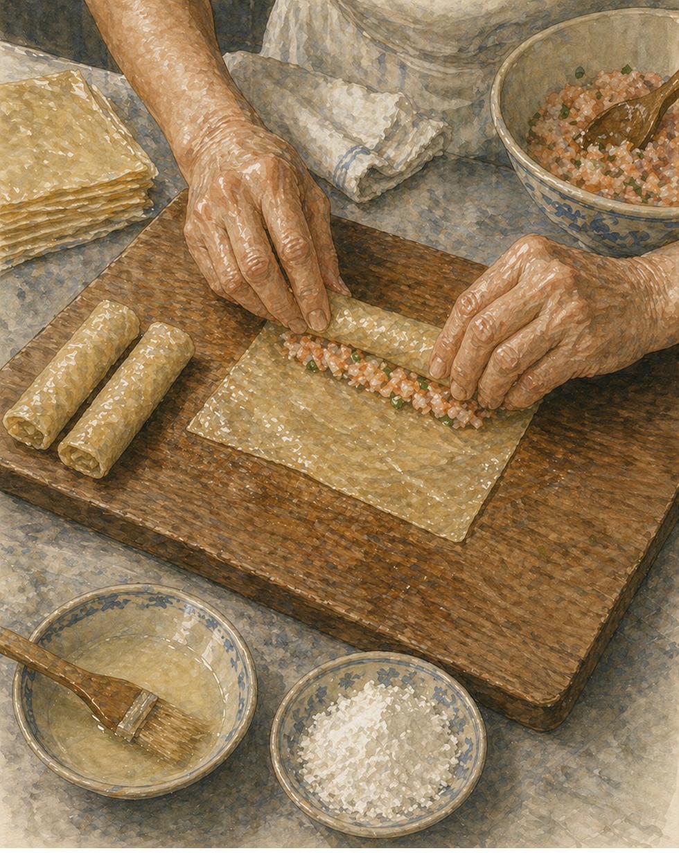 Step illustration: hands mid-roll of a heh cho — beancurd-skin rectangle folded over filling about halfway, fingers tucking filling tight. Two completed heh cho already on the board, uniform 12cm length and slim profile.