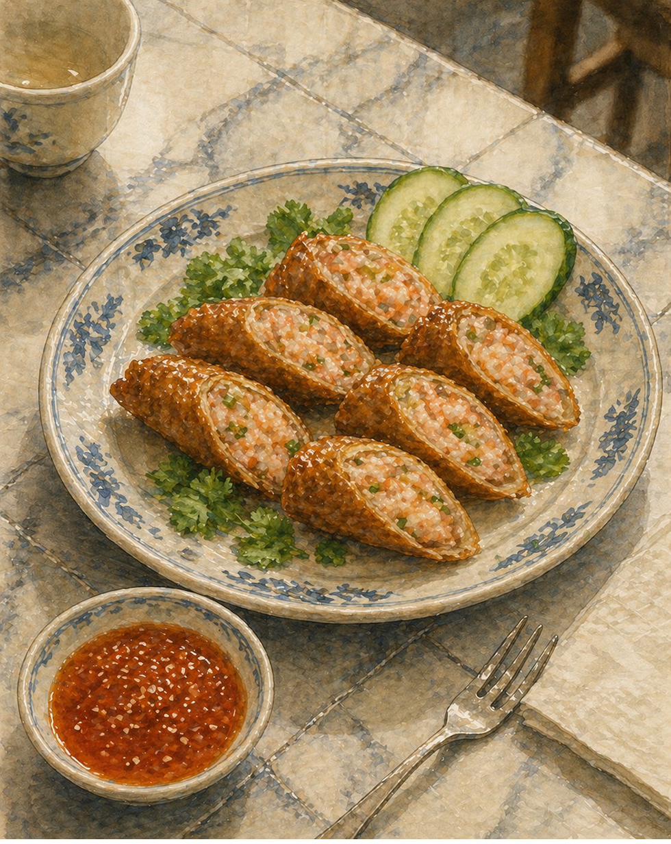 Hero plate: small heritage round ceramic platter, six heh cho cut on a sharp diagonal, sliced sides up showing prawn-flecked filling cross-section. Coriander leaves, cucumber slices. Heritage ceramic dipping bowl of sweet chilli-plum sauce with sesame seeds. Marble kopitiam table.
