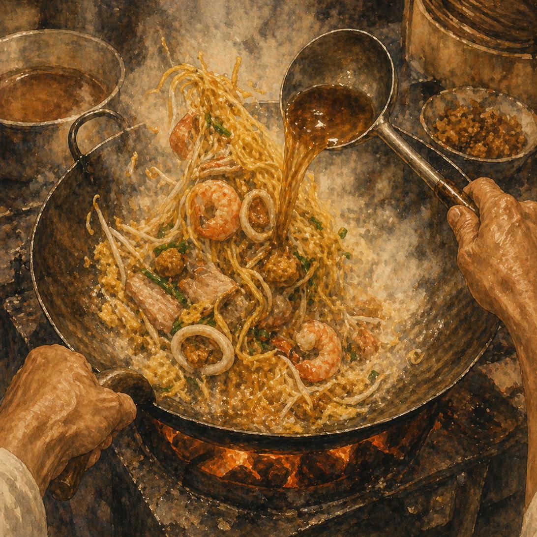 Critical moment illustration: the wok mid-toss, noodles flying upward, prawns and squid visible, the deep amber stock just hitting the noodles and steaming.