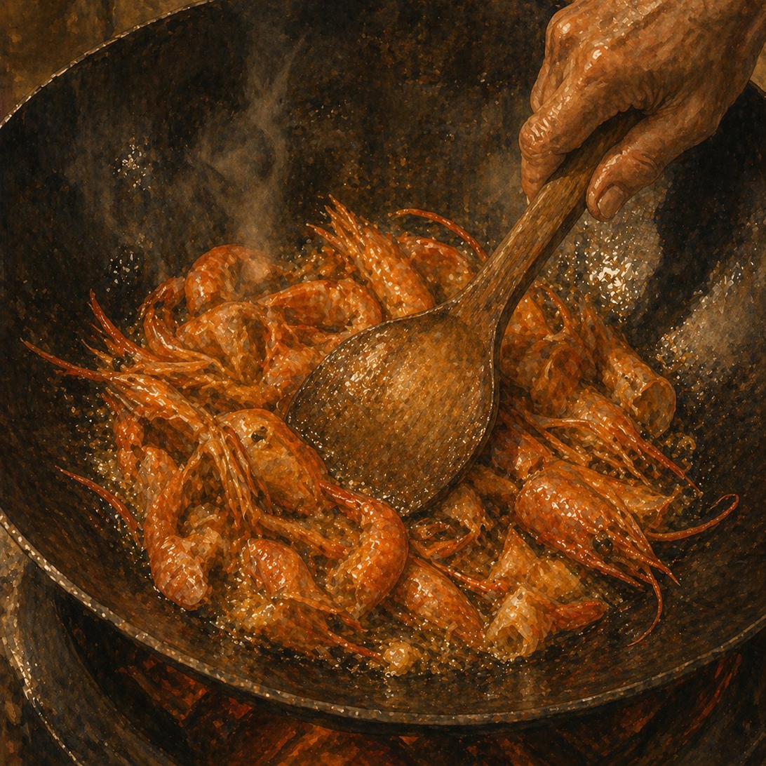 Step illustration: prawn shells turning orange in lard, ladle pressing them down.