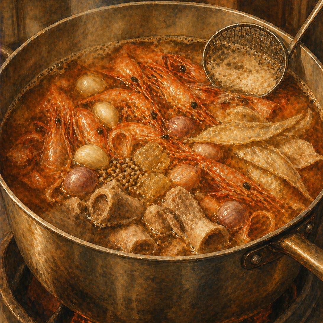 Step illustration: the assembled stockpot with shells, bones, garlic, dried sole fish.
