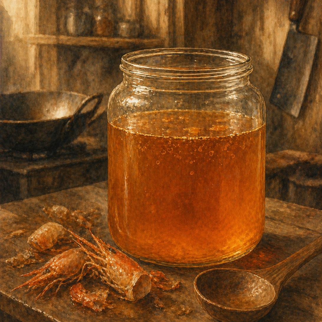 Step illustration: the strained stock in a glass jar showing the deep amber colour.