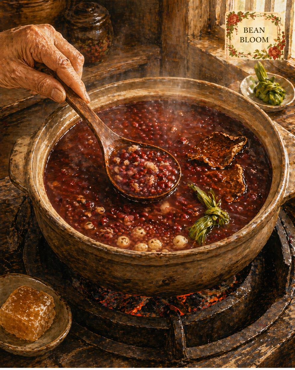 Critical moment: heavy stoneware simmer pot at the BEAN BLOOM moment. Deep-mahogany-red broth visibly thickened with starch-suspension. Some beans whole (deep-burgundy intact), some burst-open (pale-cream interior visible) — dual-state half-and-half visible across the broth surface. Two pieces of softened amber-brown chenpi floating. Knotted pandan vivid jade-green. Hock Ko's mother's hand mid-action holding wooden ladle, lifting a ladleful catching both whole AND burst beans. Rock-sugar block on a saucer OUTSIDE the pot — communicating heritage rule one. Cartouche upper-right reads BEAN BLOOM.