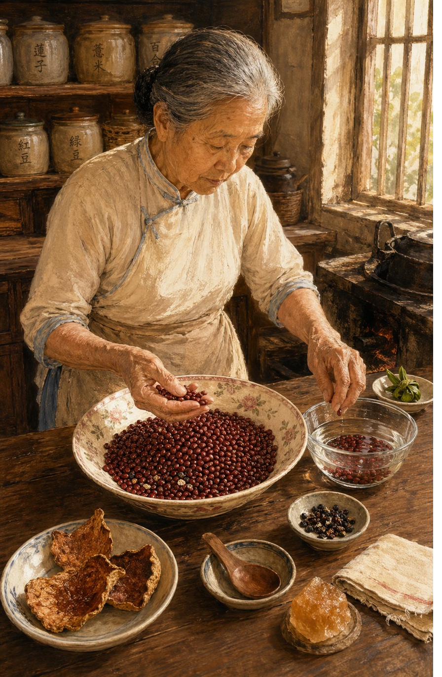 Vignette: Hock Ko's mother in her home kitchen, late-morning warm light, sorting and rinsing dried adzuki beans in a wide heritage porcelain bowl with pink-rose-and-pale-green floral rim. Her hand cupped, beans sifting between fingers. Beside the working bowl: a small ceramic dish with 3 pieces of aged dried tangerine peel — deep-amber-brown, leathery. Heritage rock-sugar block. Pantry shelf with stoneware jars labelled 蓮子, 薏米, 紅豆. Pandan-leaf knot on saucer at upper-right. Painted heritage style.