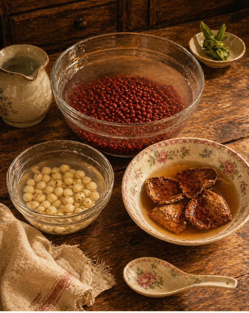 Stage 1: three heritage vessels on a worn-timber kitchen counter at evening. Large clear-glass bowl with deep-burgundy-red adzuki beans in cool water. Heritage pink-rose-and-pale-green floral-rim bowl with 4 pieces of aged dried tangerine peel softening in faintly amber-tinted water. Plain glass bowl with pale-ivory dried lotus seeds. Heritage pitcher of cool water, folded muslin cloth. Pandan-leaf knot at upper-right.