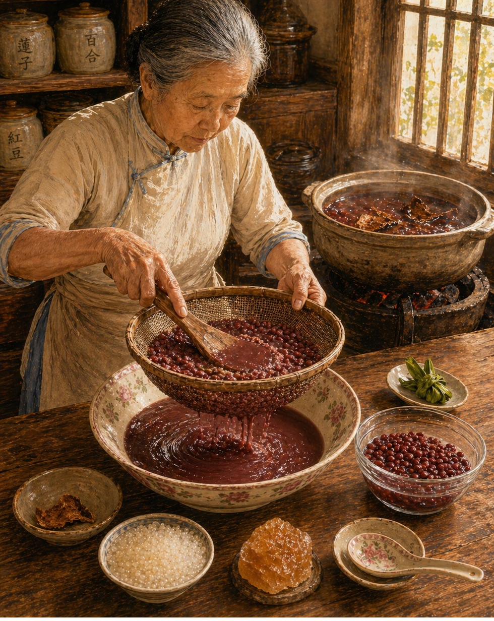 Stage 4: heritage round-mesh strainer set over a wide ceramic catch-bowl with floral rim. Hock Ko's mother pressing cooked adzuki beans through the mesh with a heritage wooden masher. Deep-mahogany-red bean-flesh paste falling through into the catch-bowl below; discarded bean-skins accumulating at the top of the strainer. Simmer pot in background still on stove with remaining whole beans. Pandan-leaf knot on saucer.