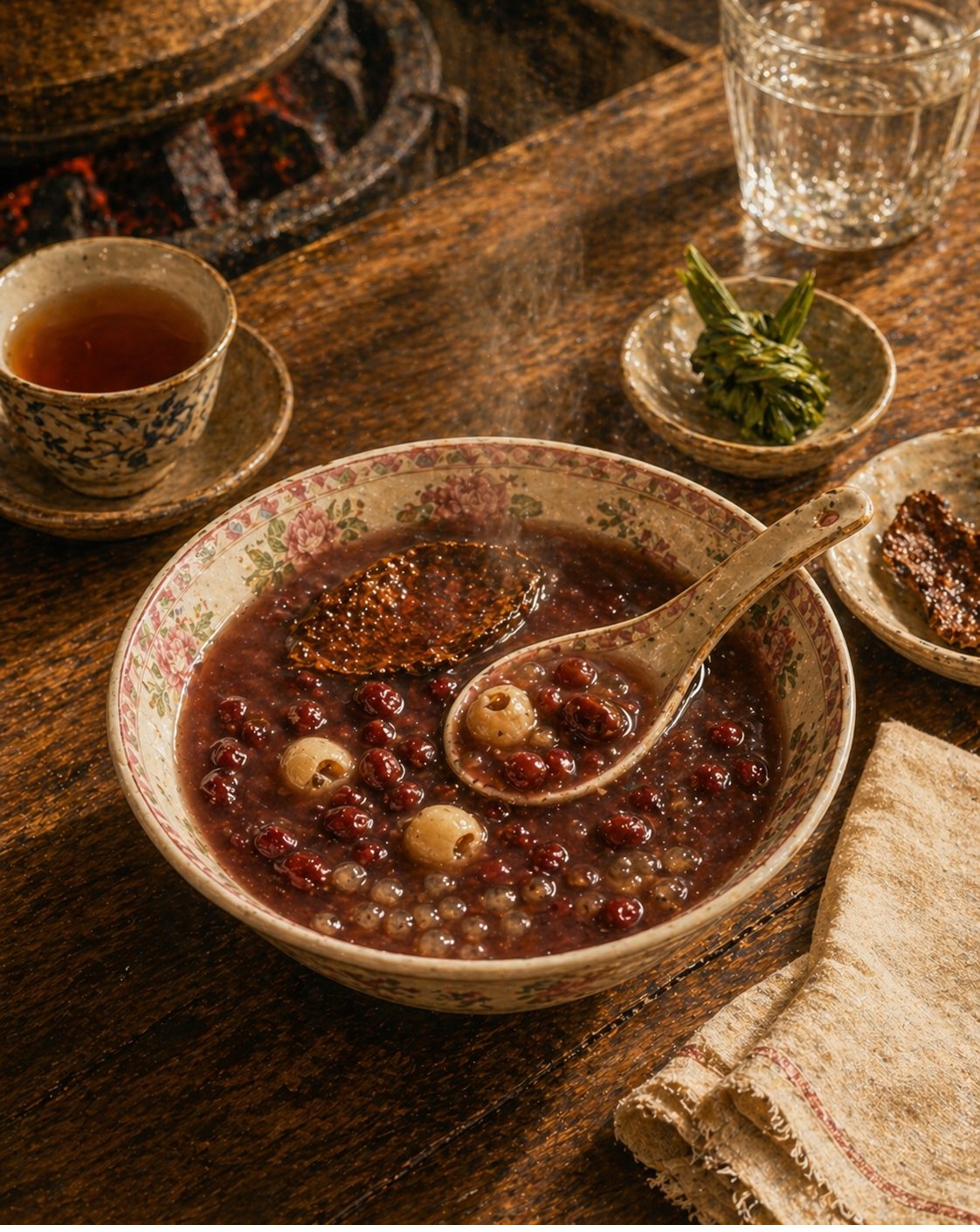 Hero bowl: small heritage Cantonese tong sui bowl with subtle pink-rose-and-pale-green floral rim on a walnut table. Deep-mahogany-red broth visibly thickened to sha consistency. Whole adzuki beans suspended throughout. Pale-ivory lotus seeds floating. A single piece of aged amber-brown chenpi at the centre — heritage garnish. Heritage porcelain spoon resting half-submerged. Late-afternoon golden light. Pandan-leaf knot on saucer at upper-right edge.