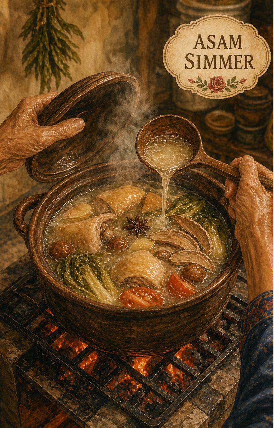 Critical moment: heritage tall-narrow claypot on a low charcoal stove, lid lifted. Inside: pearl-cream-clear broth with surface fat-globules, golden-skinned duck chunks, dark-green kiam chye, dried asam gelugur arcs floating, dark-amber salted plums, star anise, pale-yellow ginger slices, deep-red tomato wedges. The matriarch's hand scoops broth to taste. Cream cartouche reading ASAM SIMMER with red-rose flourish. Painted style.