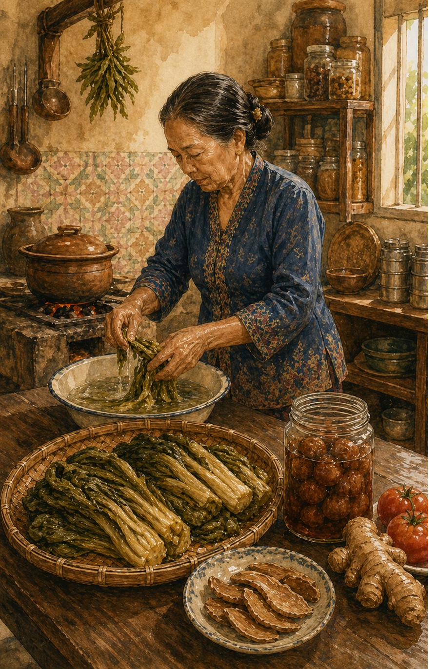 A 1950s Peranakan home kitchen, mid-morning. The Nyonya matriarch in indigo-blue baju panjang separates dark-green salted kiam chye leaves from a rattan tray, rinsing them in a shallow enamel basin. Beside her: dark-amber salted plums, pale-tan asam gelugur slices, ginger, fresh tomatoes. A tall-narrow claypot waits on the charcoal stove. Painted heritage style.