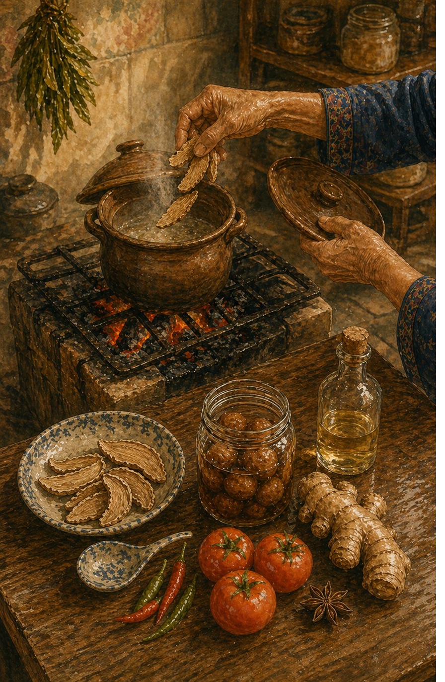 Step illustration: kitchen-table-and-stove arrangement, mid-cook. Arrayed: small ceramic dish of dried asam gelugur arcs, glass jar of salted plums, fresh bird's-eye chillies, small whole tomatoes, small bottle of brandy, knobby ginger, star anise. The matriarch's hand places asam gelugur into the heritage tall-narrow claypot on the charcoal stove. Glowing-orange embers. Painted style.