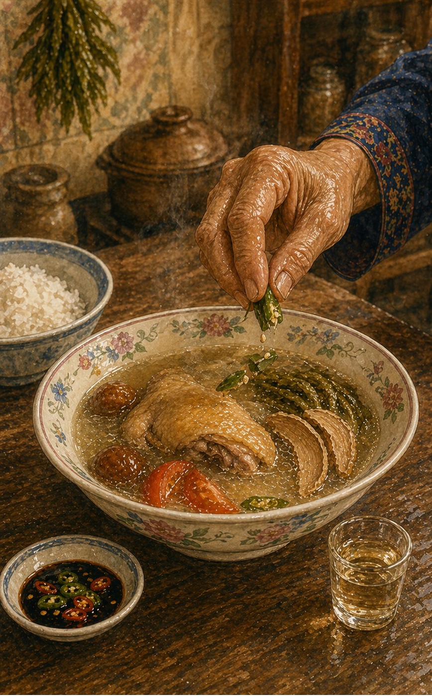 Step illustration: individual diner's bowl on the family dining table. Medium-deep heritage Peranakan soup bowl, soft-cream porcelain with pale-pink-and-blue-and-green floral-rim border. Inside: pearl-cream broth, golden-skinned duck chunk, dark-green kiam chye, deep-red tomato wedges, pale-tan asam gelugur slice, dark-amber salted plum. Side: sambal kicap dish, brandy shot glass, heritage steamed-rice bowl with pale-blue rim. The matriarch's hand drops a green bird's-eye chilli into the bowl. Painted style.