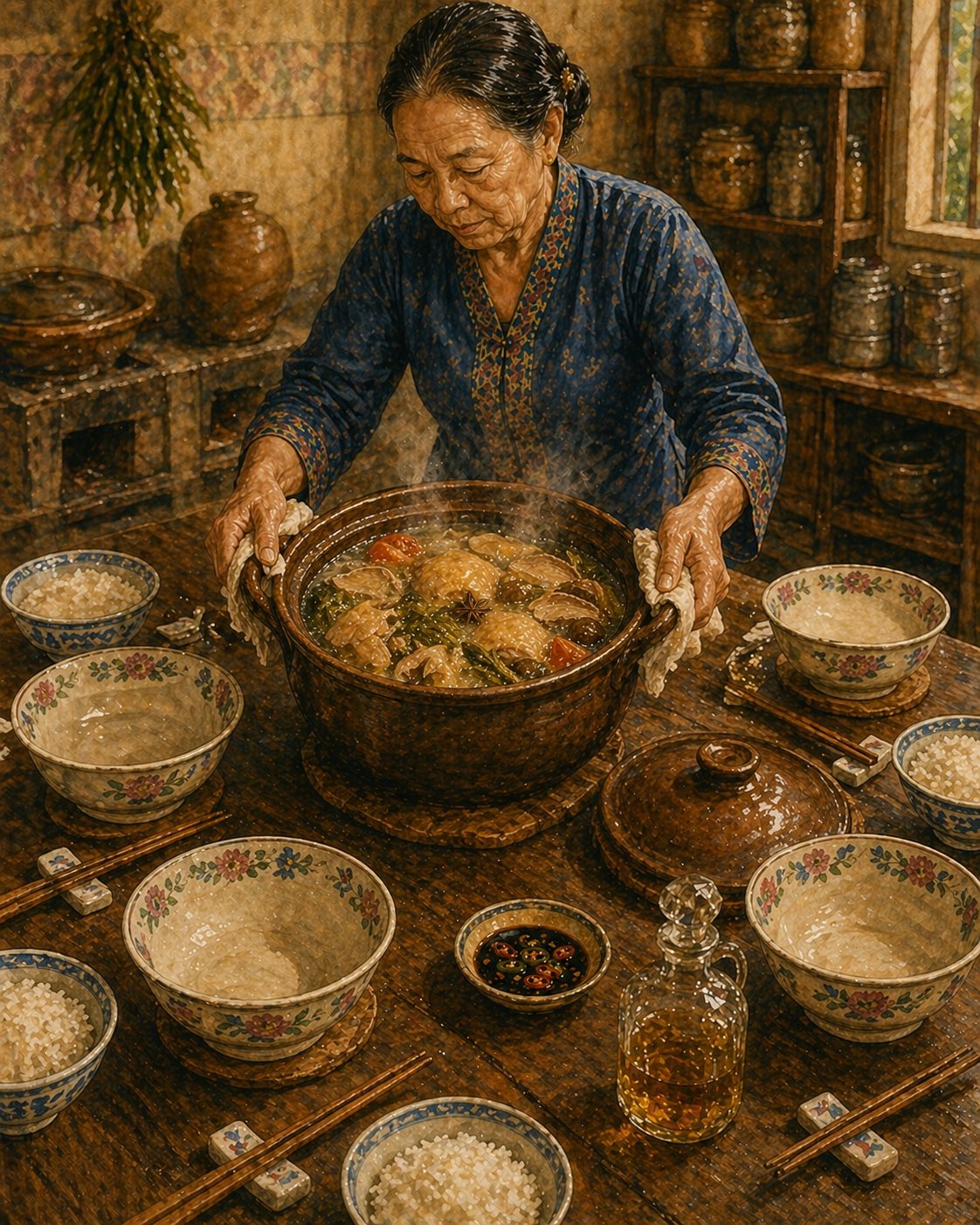 Hero plate: heritage tall-narrow Itek Tim claypot at the centre of the worn dark-walnut family dining-table, lid lifted on a wooden trivet. Inside: full broth in pearl-cream-clear register, half a duck visible, dark-green kiam chye bunches, pale-tan asam gelugur arcs, dark-amber salted plums, deep-red tomato wedges, star anise. Steam rising. Around the pot: 4-5 individual heritage Peranakan soup bowls (pale-pink-and-blue-and-green floral rim), heritage rice bowls with pale-blue rim, bamboo chopsticks, sambal kicap dish, glass decanter of brandy. Painted style.