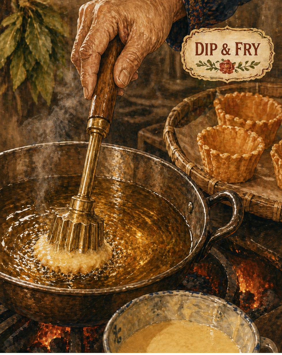 Critical moment: extreme close-up of the heritage brass pie tee mould at the dip-fry moment. The matriarch's hand holds the long wooden handle. The brass mould (top-hat-shaped, fluted, ~4cm wide) has been dipped into pale-yellow batter and is now plunging into golden-amber hot oil. In the upper-right: 2-3 already-fried golden-brown top-hat shells on a paper-lined rattan tray. Cream cartouche reading DIP & FRY with red-rose flourish. Glowing-orange embers. Painted style.