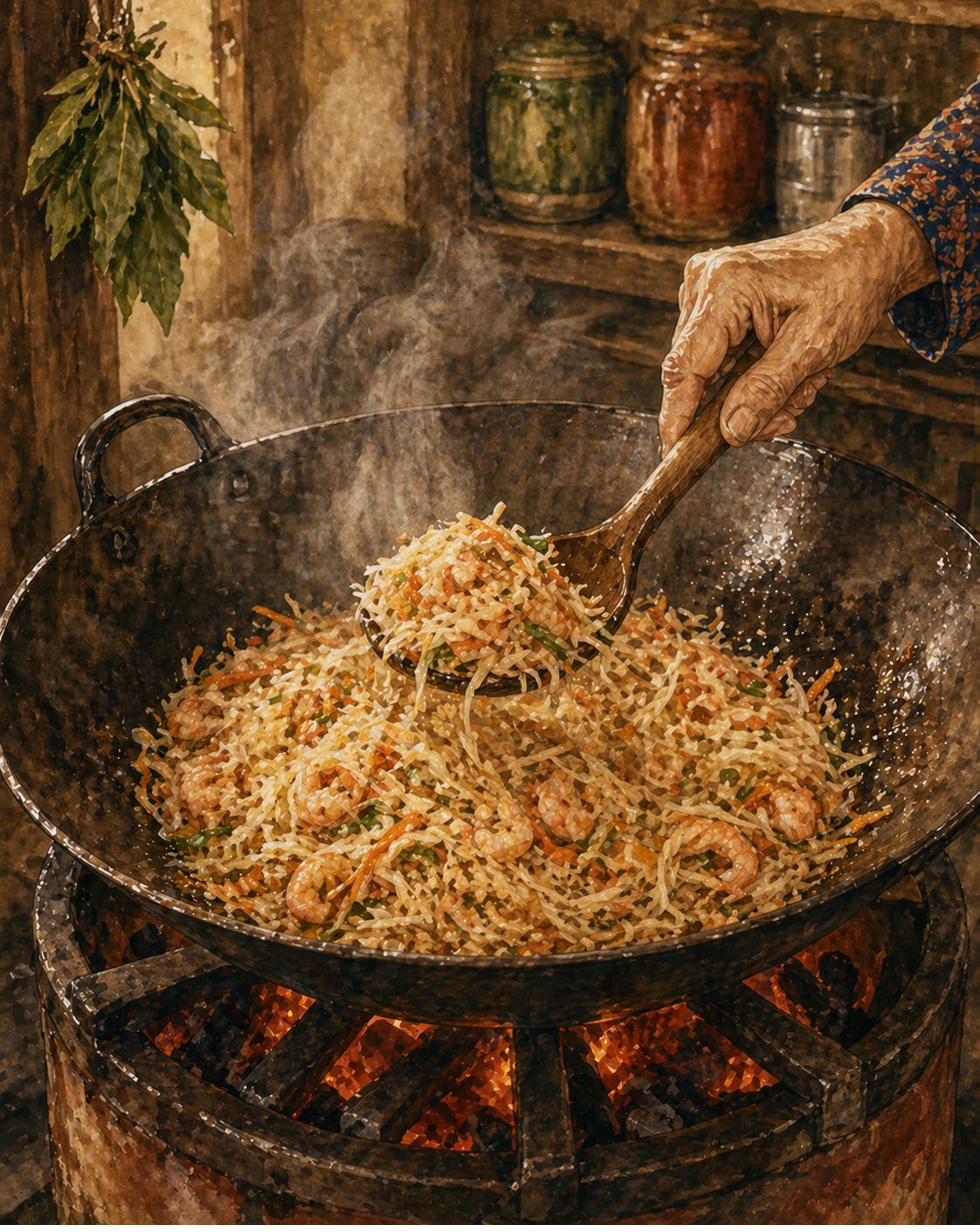 Step illustration: heritage iron wok mid-cook on a low charcoal stove. Wok contents: pale-cream-yellow shredded bangkuang mixed with thin orange carrot shreds, small chunks of pale-pink dried prawn meat, pale-green french bean ribbons. Mid-fry, glossy from rendered oil, dark-rust soy-sauce caramelisation at the rim. Small flecks of golden bawang goreng on top. The matriarch's hand stirs with a wooden ladle. Painted style.