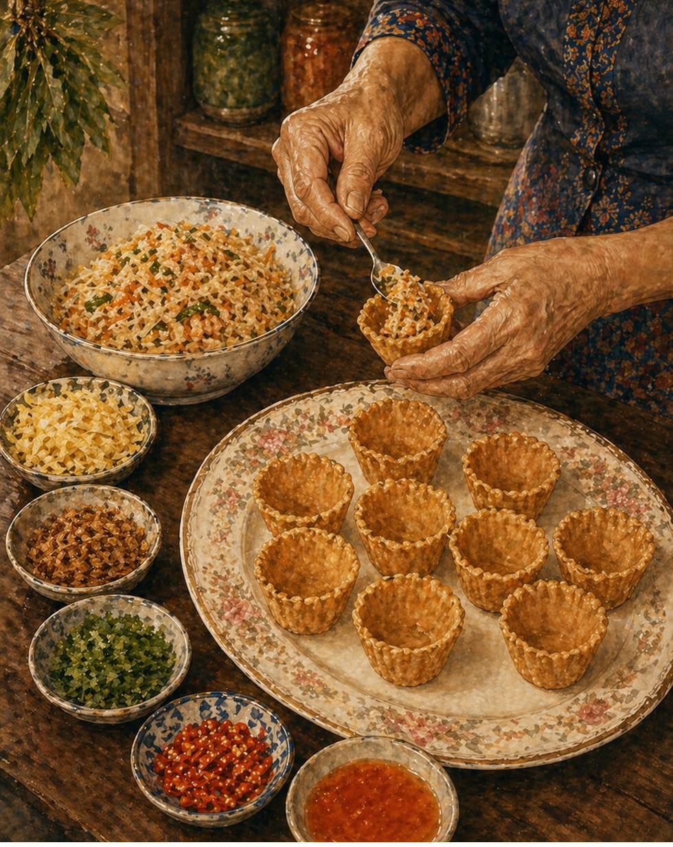 Step illustration: overhead three-quarter view of a heritage Peranakan assembly station. A heritage flat round porcelain platter holds 8-10 fried golden-brown top-hat shells in a circular pattern. Small ceramic bowls of warm bangkuang filling, shredded yellow omelette strips, golden bawang goreng flakes, deep-jade coriander leaves, oxblood-red chilli slivers, vivid orange-red sweet chilli sauce. The matriarch's hands scoop filling into one shell. Painted style.