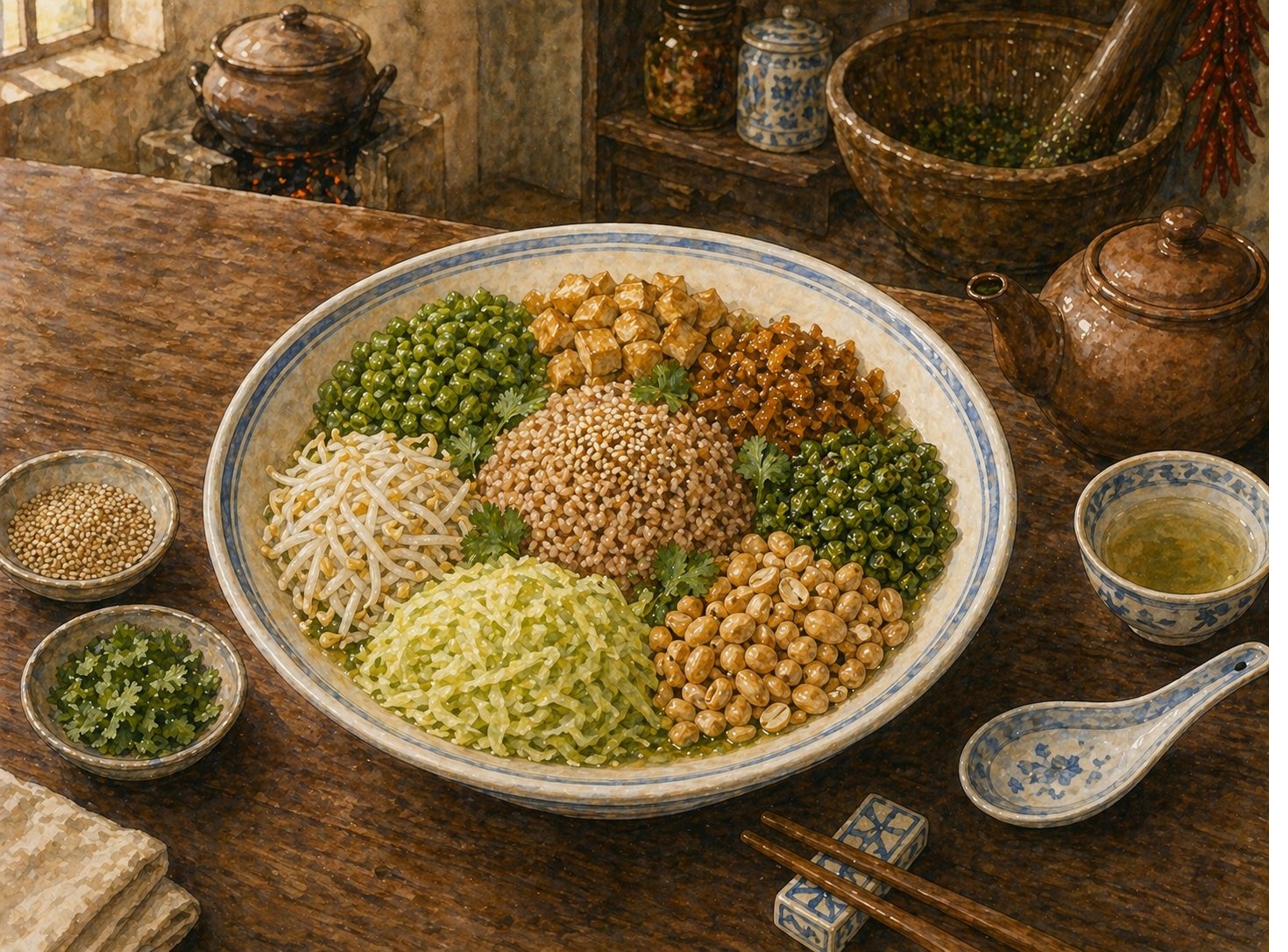 Critical moment: the pour. Heritage Hakka matte-brown clay teapot tilting over the assembled Lei Cha bowl, bright sage-green herb broth flowing from the spout into the seven-treasures still-life — broth pooling around the brown rice mound, beginning to reach the bases of the seven small piles. Steam rising from the broth. Grandmother's hand on the teapot handle, slate-grey samfoo sleeve visible. The seven treasures still distinct, the broth's sage-green colour as the dish's hero accent. Cartouche overlay reading 擂 — THE GRIND in iron-red ink with thin gold rule.