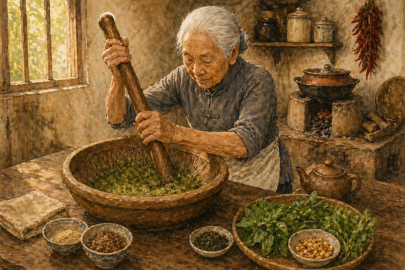 Hero scene — a heritage Hakka Lei Cha bowl in its pre-pour assembled state. Wide white-with-pale-blue-rim ceramic bowl. Centre: generous mound of brown rice with toasted sesame seed dusting. Surrounding: seven distinct small piles — finely-chopped french beans, golden-brown firm tofu cubes, golden-brown chye poh, dark-green long beans, toasted peanuts, pale-yellow-green shredded cabbage, white-and-pale-yellow bean sprouts. Fresh coriander leaves around the rice's edge. Beside: heritage Hakka matte-brown clay teapot of bright sage-green herb broth ready for pouring, bamboo chopsticks on simple geometric chopstick rest, traditional Chinese soup spoon, small dishes of additional sesame and coriander, small bowl of brewed green tea. Bare scrubbed-walnut wooden kitchen table.