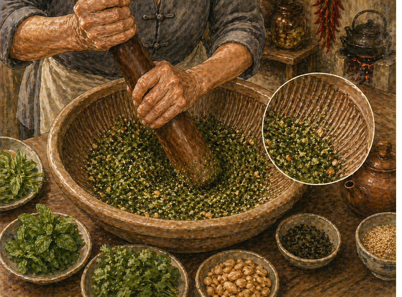 Step illustration: tight overhead three-quarter view of lei pun mortar mid-grind. Grandmother's hands grip long thick wooden pestle (dark walnut, smooth from years of use) in two-handed grip; pestle mid-action inside heritage Hakka ceramic mortar with incised-ridge interior. Herb paste at coarse-shred stage: fresh tea leaves, basil, mint, coriander, toasted peanuts still mostly recognisable as individual ingredients, beginning to release oil and aromatics. Mortar's incised-ridge interior partially visible — fine deep parallel ridges scored into inner ceramic surface. Slate-grey samfoo sleeve visible at frame top edge. Right hand at top of pestle, left hand lower for leverage. Wooden kitchen table beneath. Small ceramic bowls around mortar holding next-batch herbs ready to be added. Small clay teapot of hot water at side.