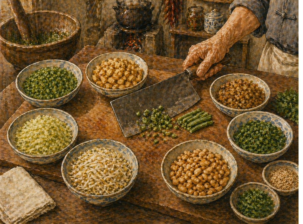 Step illustration: overhead flat-lay (slight three-quarter tilt) of wooden cutting board covered in seven small ceramic bowls. Each component in its own bowl: 1. French beans finely chopped (bright green); 2. Firm tofu pre-fried and diced (golden-brown crisp at edges); 3. Chye poh finely chopped (golden-brown bits); 4. Long beans finely diced (dark green); 5. Toasted peanuts (golden-brown, mix of whole and roughly-chopped); 6. Cabbage finely shredded and lightly blanched (pale-yellow-green); 7. Bean sprouts raw and crisp (white-and-pale-yellow). Heritage Hakka heavy Chinese cleaver rests at centre. Wooden walnut cutting board with working evidence of multi-vegetable prep. Lei pun mortar visible at deep-blur upper-left.