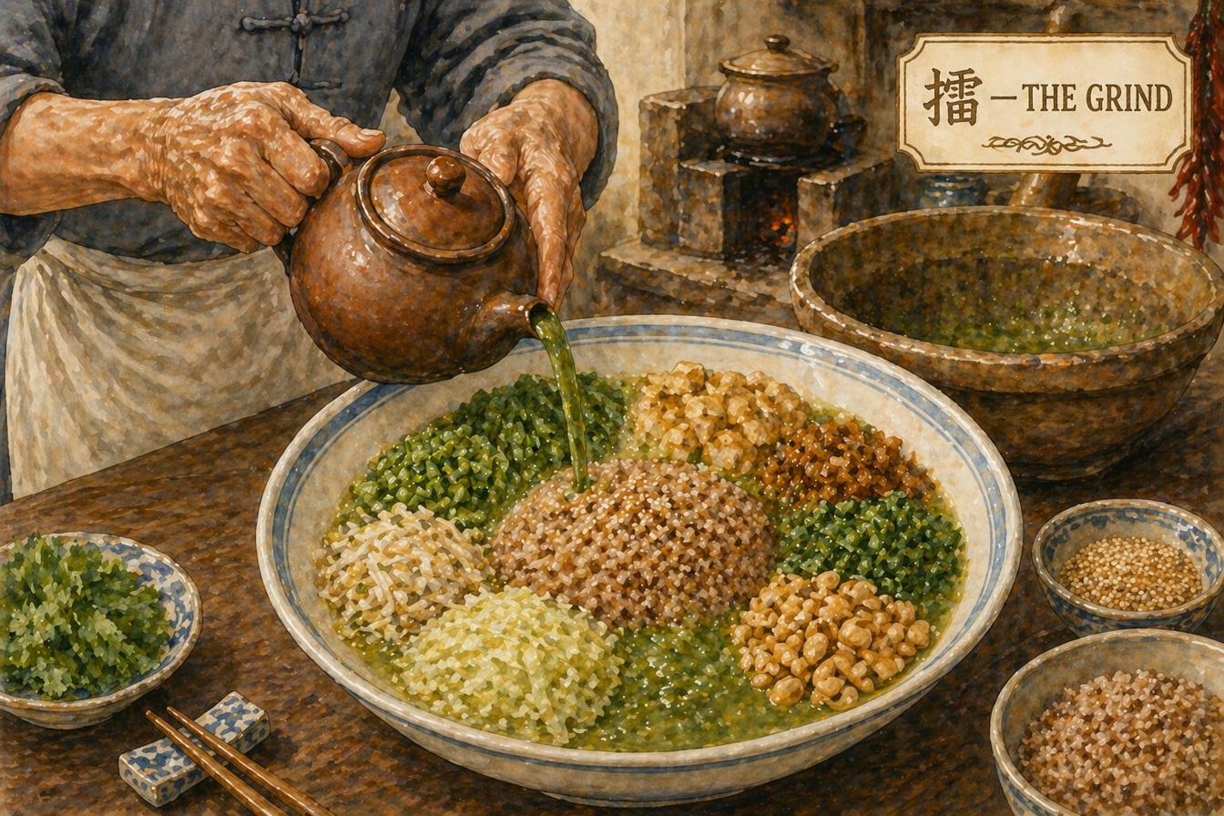 Hero plate: three-quarter overhead view of single completed Hakka Lei Cha bowl in pre-pour assembled state. Wide white-with-pale-blue-rim ceramic bowl. At centre generous mound of brown rice with toasted sesame dusting. Surrounding in seven distinct small piles arranged counter-clockwise: french beans (bright green cubes), firm tofu (golden-brown), chye poh (golden-brown bits), long beans (dark green), toasted peanuts (golden-brown), shredded cabbage (pale-yellow-green), bean sprouts (white-and-pale-yellow). Fresh coriander leaves around rice's edge. Beside bowl: heritage Hakka matte-brown clay teapot of bright sage-green herb broth ready for pouring (broth's colour visible at spout); bamboo chopsticks on simple geometric chopstick rest; traditional Chinese soup spoon (porcelain with pale-blue floral pattern); small ceramic dish of additional sesame; small dish of chopped coriander; small bowl of brewed green tea; folded cream-coloured napkin. Bare scrubbed-walnut wooden kitchen table — no cloth runner, evening-meal register. Soft-focus dining room with lei pun mortar at deep blur upper-right (post-grind, traces of herb paste residue visible). Hint of dried-chilli string upper-right.