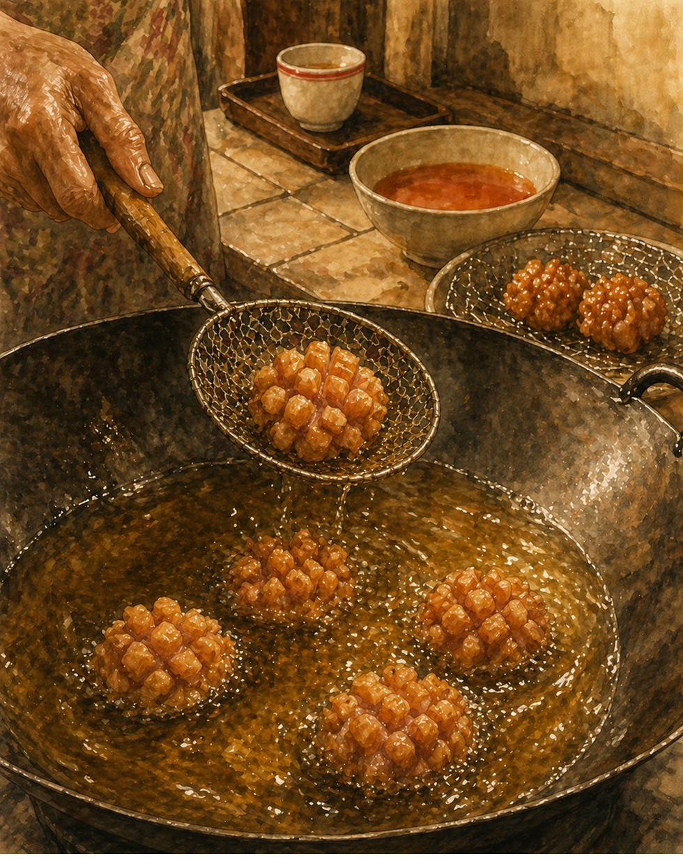 Critical moment: close-up side view of a heavy iron wok half-filled with shimmering golden-amber frying oil. Four cross-hatched pork-shoulder cubes mid-fry, each cube bloomed open so the diamond facets curl outward into bumpy nubs that visibly resemble lychee skin. A weathered hand holds a long bamboo-handled wire-mesh strainer above the wok, mid-action lifting one cube clear. On the counter beside: a wire-rack drainer with two already-cooked cubes resting; a small ceramic bowl of pale-amber-rose sweet-sour sauce waiting. Cream cartouche reading CARVE & FRY with red-rose flourish. Painted style.