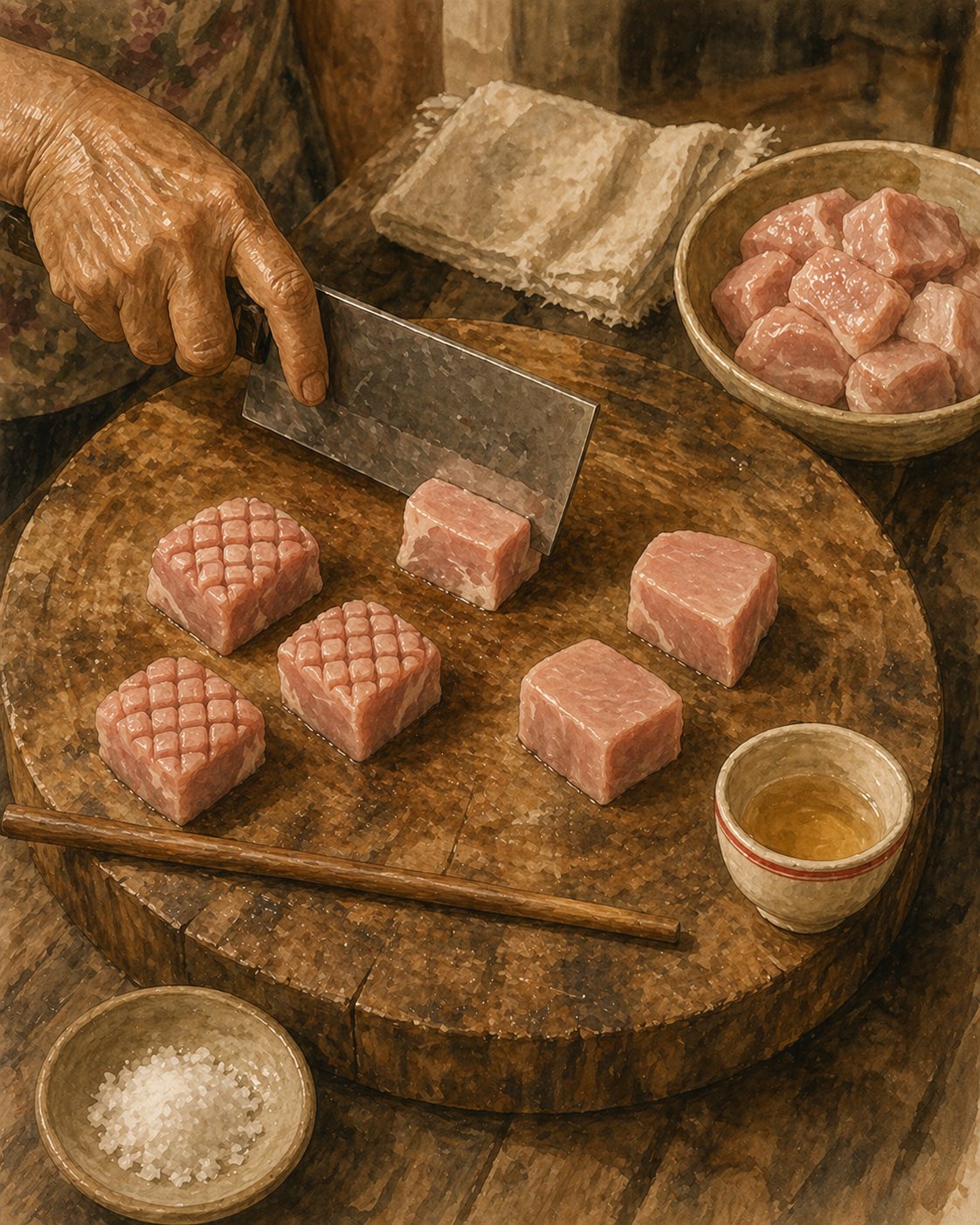 Step illustration: close-up overhead of a wooden chopping board, six pork shoulder cubes — three already showing the deep cross-hatch diamond grid scoring, three still smooth-faced and waiting. A weathered hand mid-action with a small Foochow cleaver poised above one of the unscored cubes. A wooden chopstick laid across the front edge as the depth guide. The Foochow porcelain tea-cup with the bold red ring on the corner of the board. Painted style.