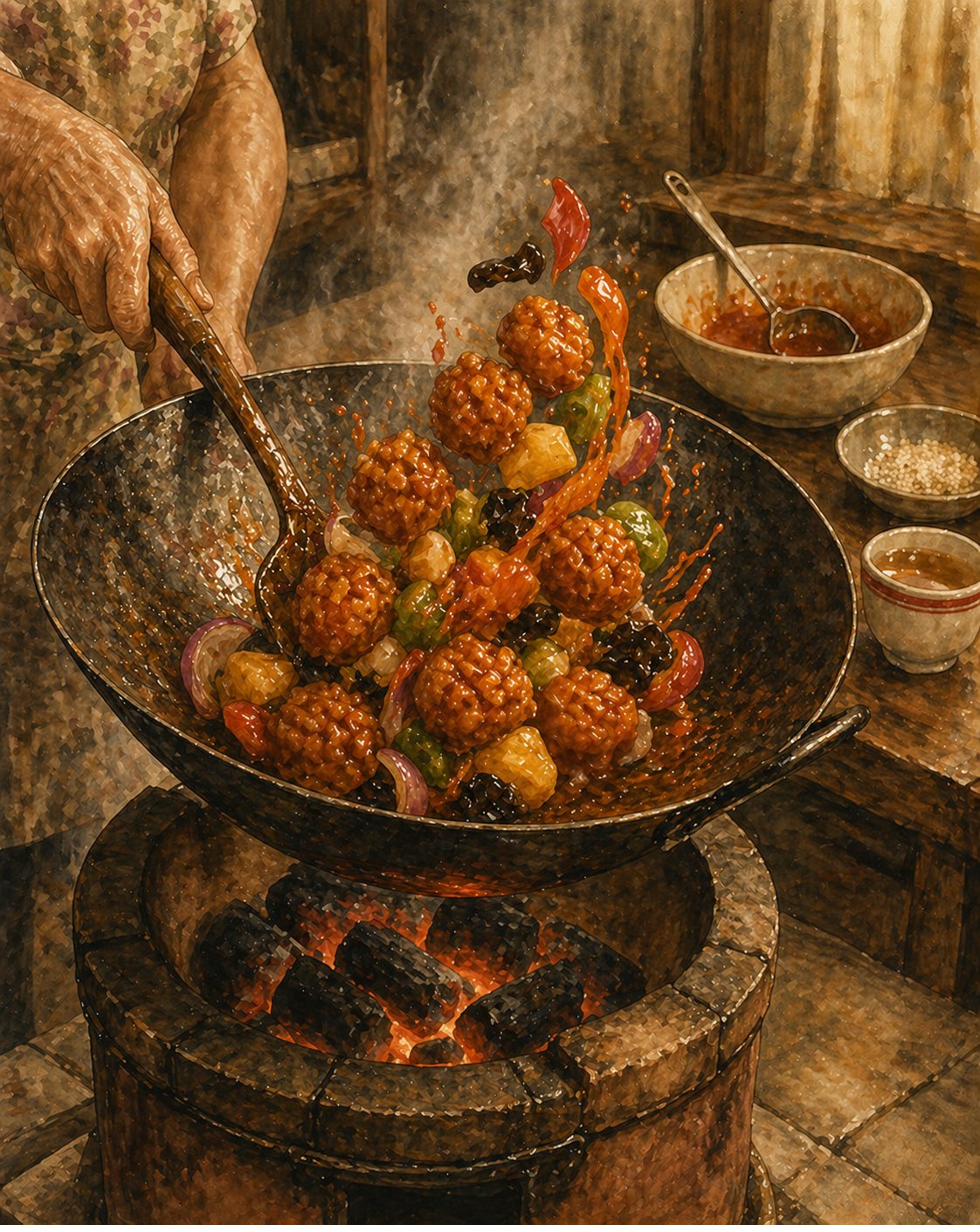 Step illustration: three-quarter view of a heavy iron wok over a low charcoal stove, the wok mid-toss. Inside the wok: bloomed cross-hatched pork cubes airborne in the toss, with pineapple chunks, green capsicum, red onion, wood-ear mushroom — coated in glossy orange-red sweet-sour glaze, glaze ribbons trailing. A weathered hand on a long wooden spatula tilting the wok edge. Steam rising. Small ceramic bowl of remaining glaze and a dish of toasted sesame seeds beside. The Foochow porcelain tea-cup with the bold red ring on the counter to the right. Painted style.