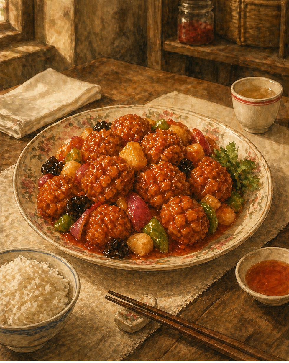 Hero plate illustration: heritage Chinese ceramic plate (creamy-white with pale soft-pink-and-green floral rim) holding a generous mound of golden-mahogany cross-hatched litchi-pork cubes coated in glossy orange-red sweet-sour glaze. Pineapple, capsicum, red onion, wood-ear scattered through. Toasted sesame seeds on top. Coriander sprig on one side. White-and-pale-blue-rim heritage rice bowl with jasmine rice on the lower left. Dark wooden chopsticks on a ceramic rest. Small saucer of dipping sauce. The Foochow porcelain tea-cup with the bold red ring on the upper right. A small unlabelled glass jar of ang chao (red-yeast-rice paste) on a high shelf in the deep blurred background — pale rose-amber, ambient register only. Painted style.