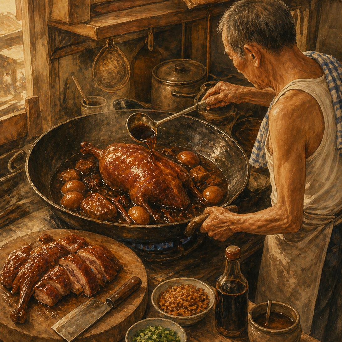 An old Teochew braising kitchen — a large wok with a whole duck submerged in dark soy gravy, the cook brushing the gravy over with a ladle. Beside the wok: braised tau kwa, hard-boiled eggs, fried shallots. Dark amber and gold palette, like an old oil painting.
