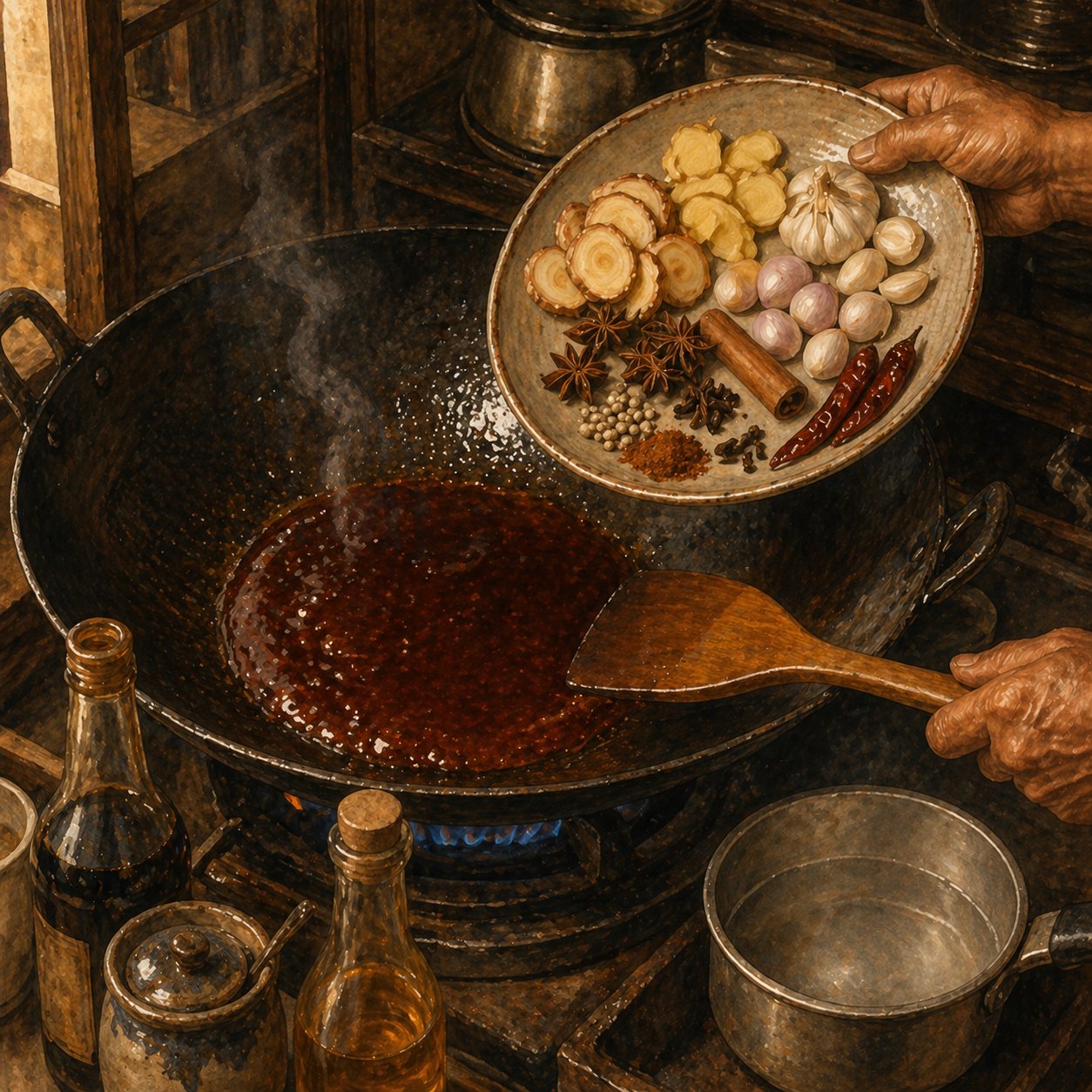 Step illustration: white sugar caramelising in a wok, turning mahogany, the moment before aromatics hit.