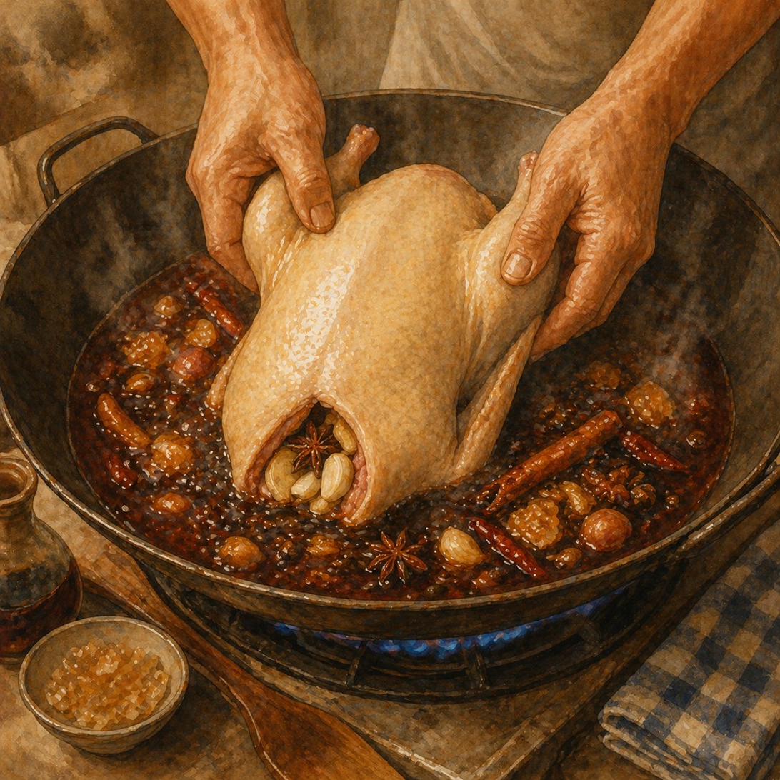 Step illustration: whole duck being lowered breast-side-down into the dark mahogany lor sauce in a large wok.