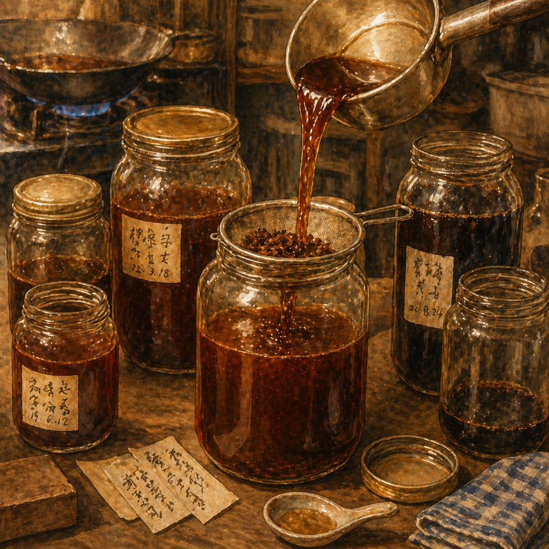 Step illustration: jars of saved master lor sauce, dark and glossy, lined up on a shelf — the heritage of years.